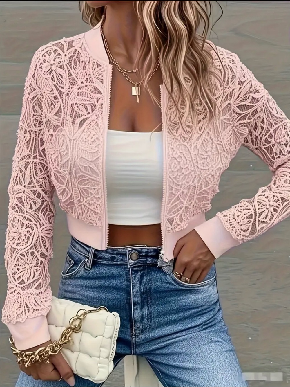 Lace Bomber Jacket - Soft Pink